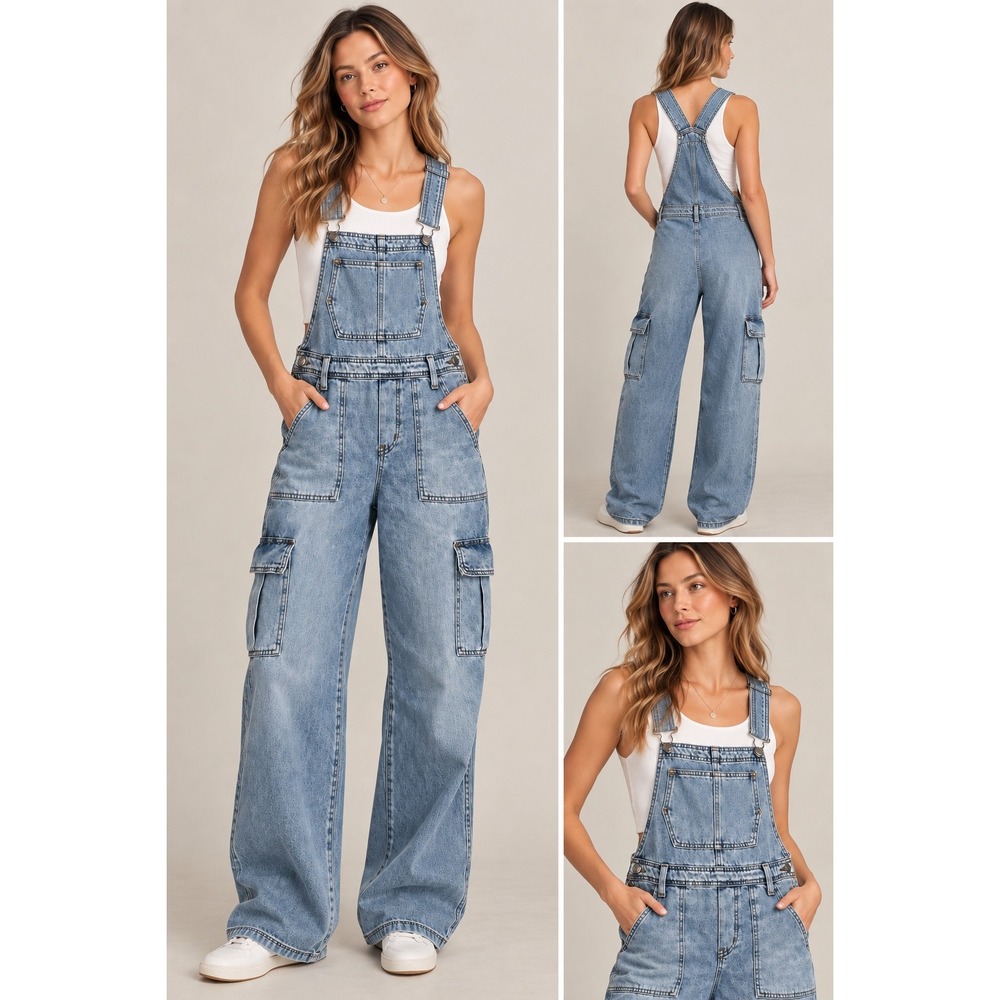 Aerie Denim Cargo Overalls Light Wash Blue Wide Leg Utility Bib Jumpsuit Small